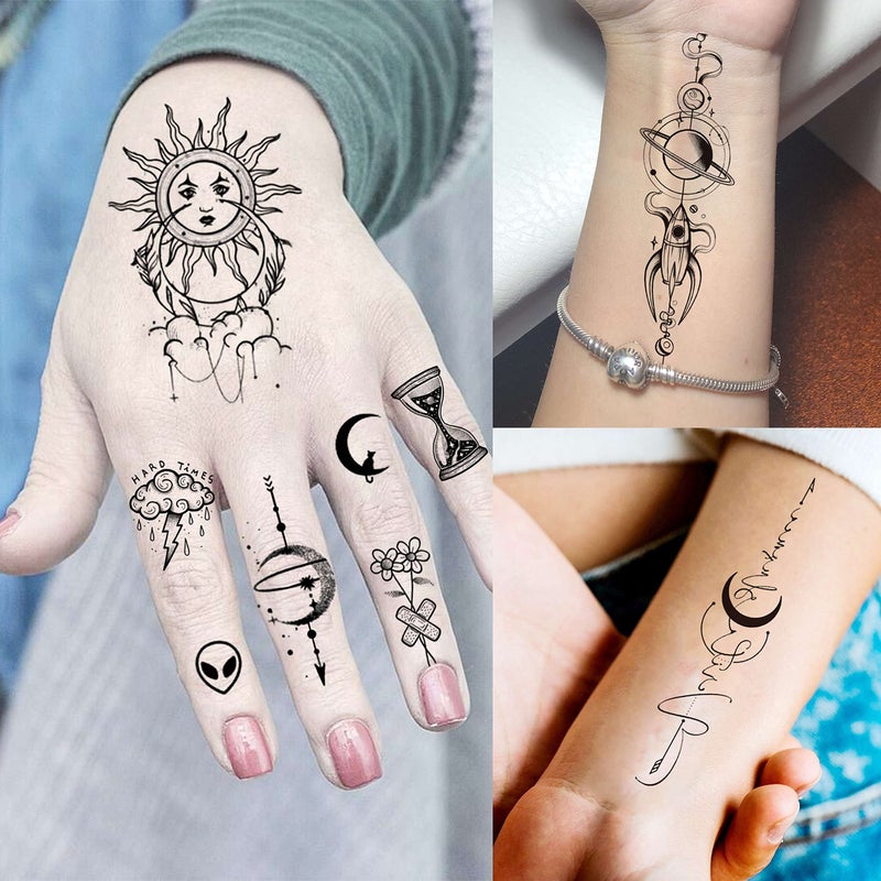 COKTAK 28 Sheets Outer Space Temporary Tattoos For Kids Women Men, 3D Fake Realistic Star Sun Moon Tattoo Stickers Boys Girls, Long Lasting Geometric Planets Universe Tattoos Neck Small Solar System - Image 2